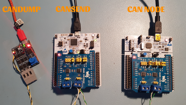 Test setup with 3 devkits connected via CAN Bus.